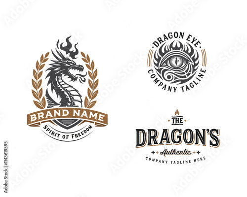 Vintage classic mythological beast dragon fire illustration logo for business company