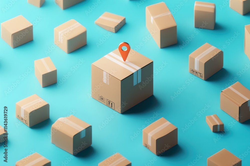 © khalid_spk - Location pin cardboard boxes package delivery bright blue background © khalid_spk - Location pin cardboard boxes package delivery bright blue background