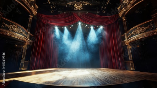 Children's puppet show on theater stage with red curtains and spotlight indoor performance colorful atmosphere