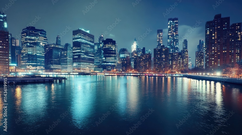 Naklejka premium A nighttime cityscape featuring illuminated skyscrapers reflecting on a calm river.