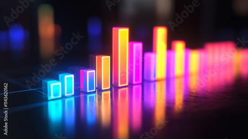 vibrant bar graph made of glowing neon lights on reflective surface, showcasing data visualization in modern style. colorful bars create energetic atmosphere photo