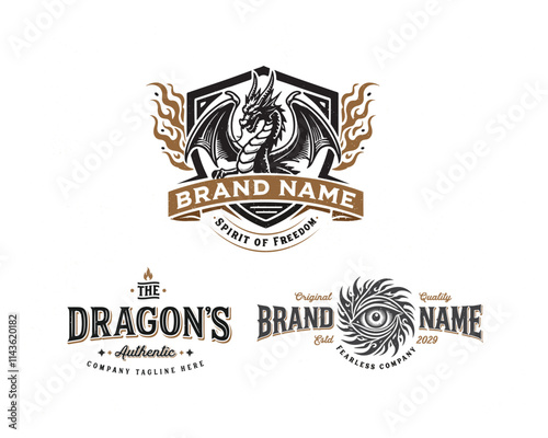 Vintage classic mythological beast dragon fire illustration logo for business company