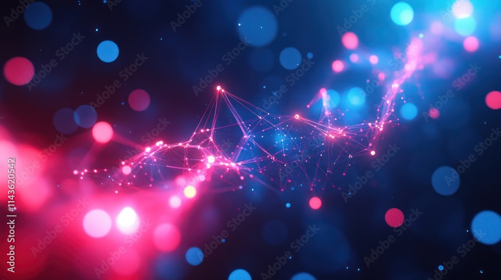 Abstract glowing lines and dots in pink and blue colors on dark background. Abstract glowing lines and dots in pink and blue colors on dark background.