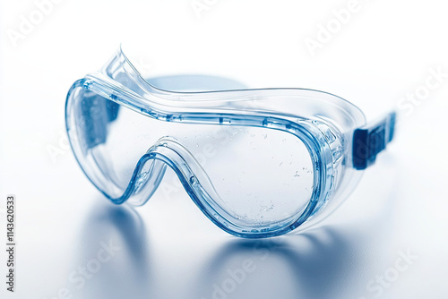 Close-up of safety goggles on a white background, protecting against workplace hazards like chemicals
