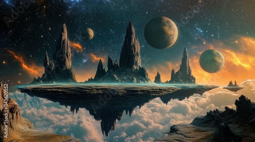 Imaginative representation of an alien landscape with floating islands and distant planets photo