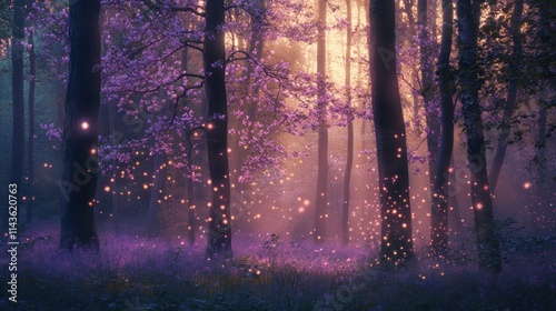 Ethereal forest bathed in purple light with glowing orbs floating among the trees at dawn