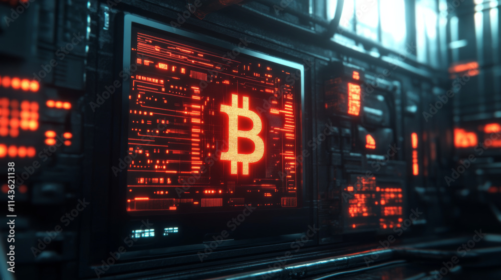 glowing futuristic screen displaying cryptocurrency data with Bitcoin symbol. vibrant red and black colors create high tech atmosphere, emphasizing digital finance glowing futuristic screen displaying cryptocurrency data with Bitcoin symbol. vibrant red and black colors create high tech atmosphere, emphasizing digital finance
