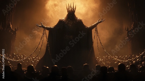 Dramatic silhouette of a powerful ruler standing with an extended hand as golden chains connect the people below to his commanding influence and absolute control photo