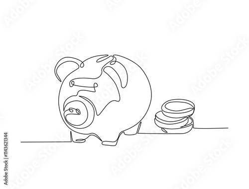 Continuous line drawing art of money bag and piggy bank. Business and finance concept illustration. editable stroke.