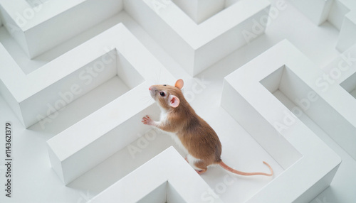 Small intelligent rat playing in a maze with white walls in a bright laboratory environment