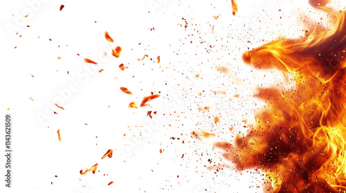 a close-up shot of flames bursting out from the right side of the frame with sparks flying off into the transparent background