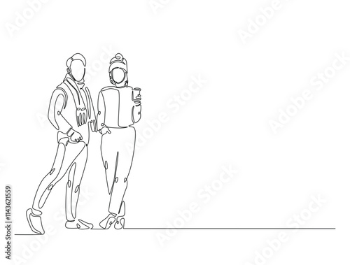 Continuous line drawing art of fashion model wear jacket in winter season. Fashion concept single line illustration.