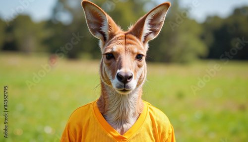 Kangaroo wearing a bright sports jersey in a grassland setting during midday photo