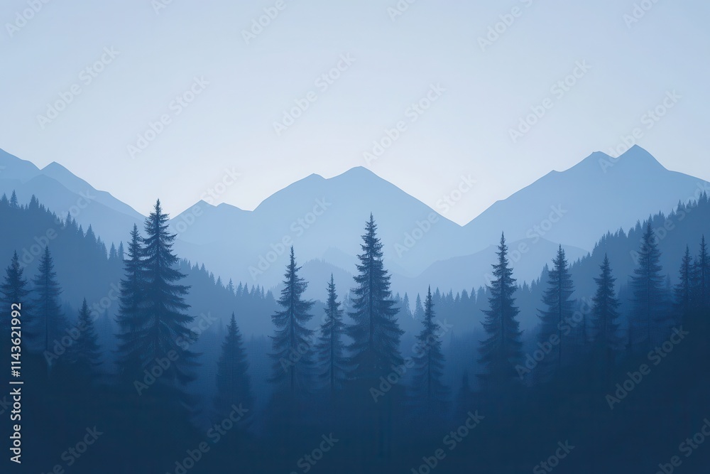 Obraz premium Silhouette of Pine Trees and Mountains Under a Blue Sky