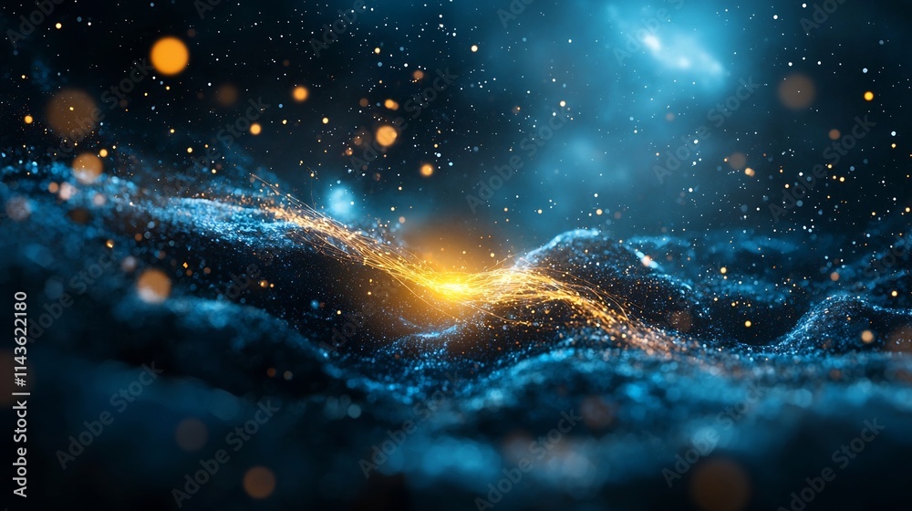Glowing golden thread stretching across a dark cosmic sky weaving through a series of stars symbolizing the interconnected path of destiny Glowing golden thread stretching across a dark cosmic sky weaving through a series of stars symbolizing the interconnected path of destiny