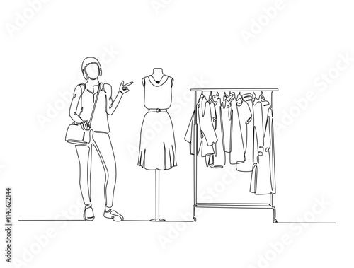 Continuous line drawing art of pretty woman holding paper bags after shopping. Fashion and shopping concept in single line illustration.