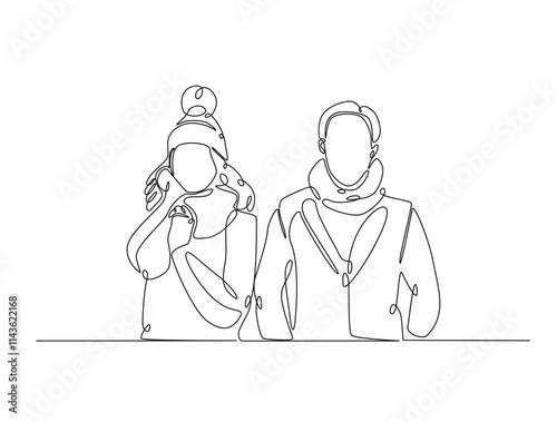 Continuous line drawing art of fashion model wear jacket in winter season. Fashion concept single line illustration.