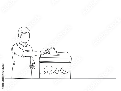 Continuous line drawing art of male voter placing ballot in ballot box polling place, election day concept.