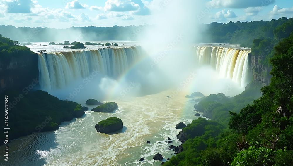Fototapeta premium “Iguazu Falls in Full Flow” – A powerful view of Iguazu Falls with multiple cascades crashing into the river below, surrounded by lush rainforest and rainbows in the mist. 