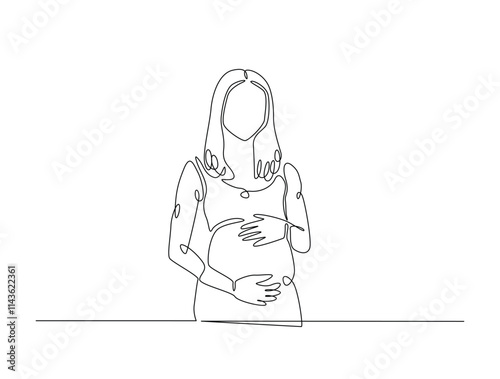 Continuous line drawing art of beautiful pregnant woman stand and holding her belly. woman and mother day concept.