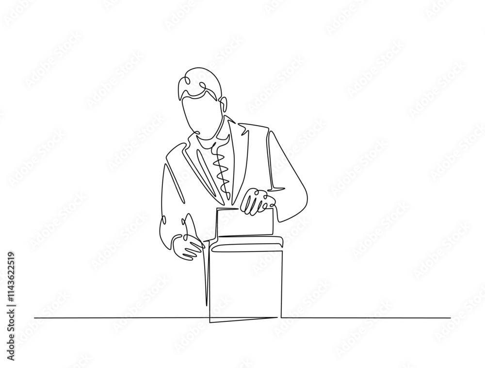 Continuous line drawing art of male voter placing ballot in ballot box polling place, election day concept. Continuous line drawing art of male voter placing ballot in ballot box polling place, election day concept.