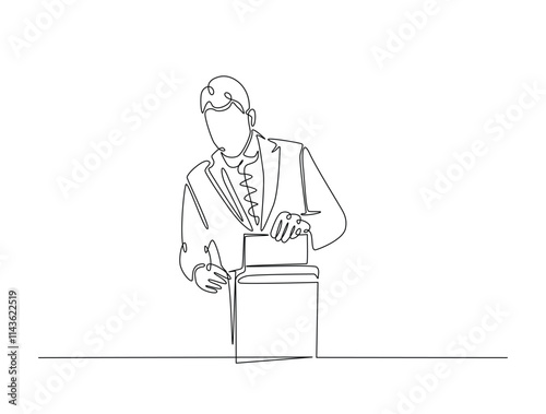 Continuous line drawing art of male voter placing ballot in ballot box polling place, election day concept.