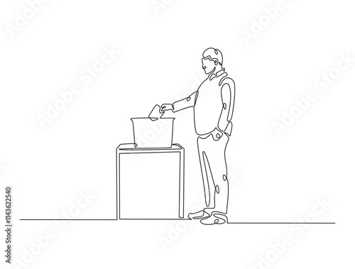 Continuous line drawing art of male voter placing ballot in ballot box polling place, election day concept.