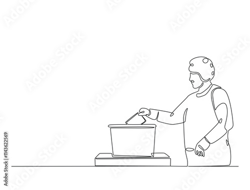 Continuous line drawing art of male voter placing ballot in ballot box polling place, election day concept.