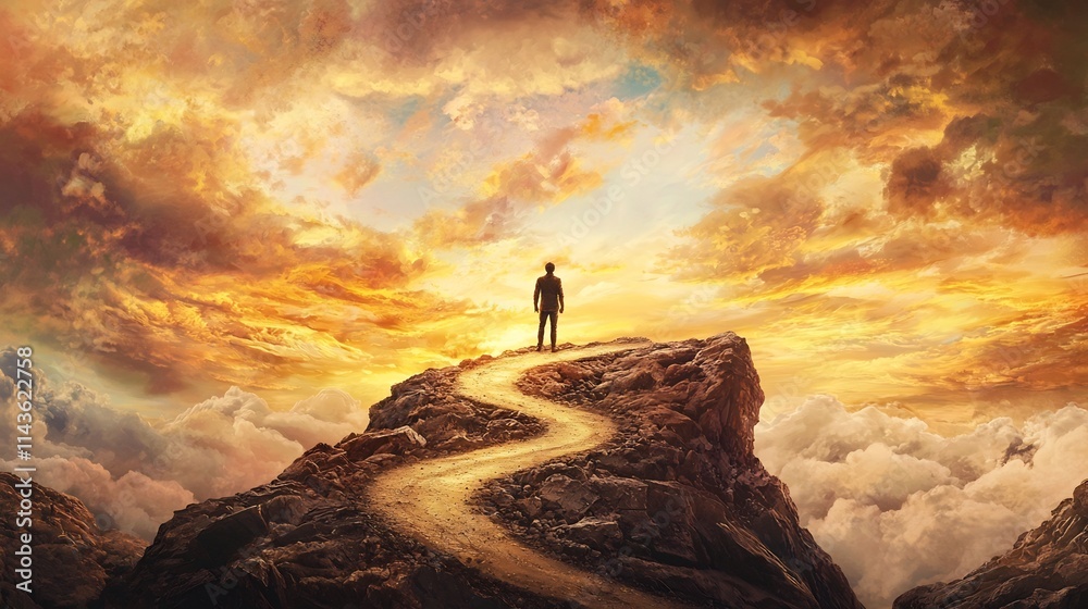 A lone figure standing on the edge of a cliff silhouetted against the vast horizon gazes upon a winding golden road stretching endlessly into the distance A lone figure standing on the edge of a cliff silhouetted against the vast horizon gazes upon a winding golden road stretching endlessly into the distance