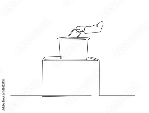 Continuous line drawing art of voter's hand placing ballot in ballot box polling place, election day concept.