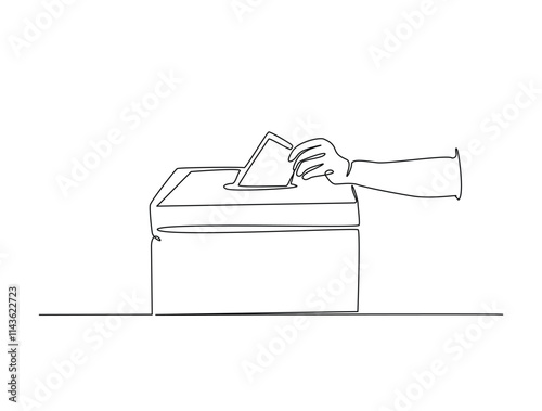 Continuous line drawing art of voter's hand placing ballot in ballot box polling place, election day concept.