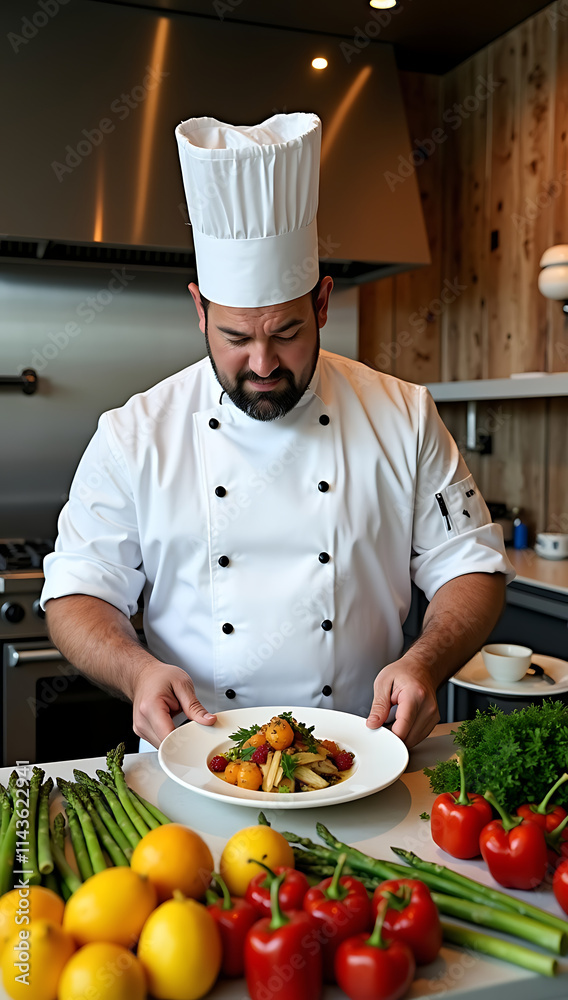 “Chef Preparing Gourmet Dish” – A chef in a professional kitchen skillfully plating a gourmet dish with vibrant colors, surrounded by fresh ingredients.
“Chef Preparing Gourmet Dish” – A chef in a professional kitchen skillfully plating a gourmet dish with vibrant colors, surrounded by fresh ingredients.