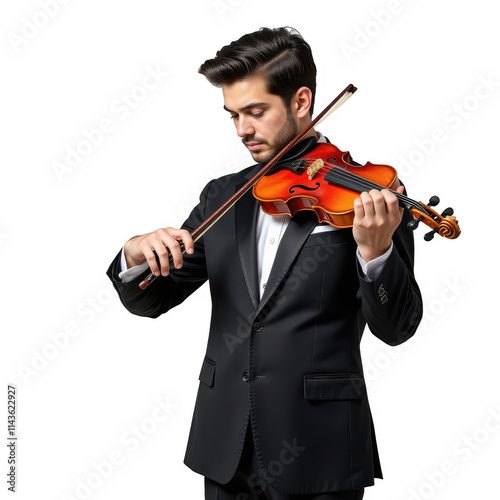 Elegant violinist on transparent background, dressed in a sleek all-black ensemble with a crisp white shirt, expertly playing the strings of his instrument against a sophisticated dark backdrop