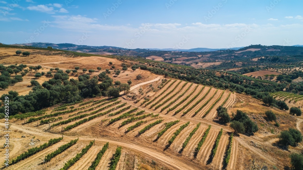 Vineyards stretch across undulating hills under a clear blue sky in a sunlit landscape Vineyards stretch across undulating hills under a clear blue sky in a sunlit landscape