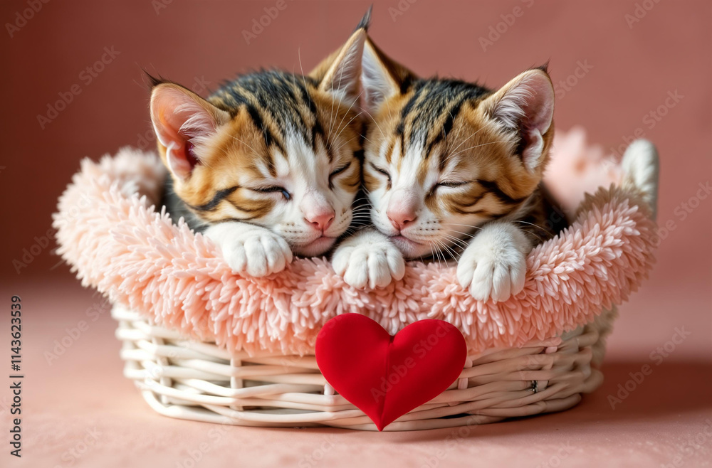 couple of happy kittens sleep together in a cozy white basket with a red hearts. Kittens loving each other. Adorable cat hugs for Valentine's Day