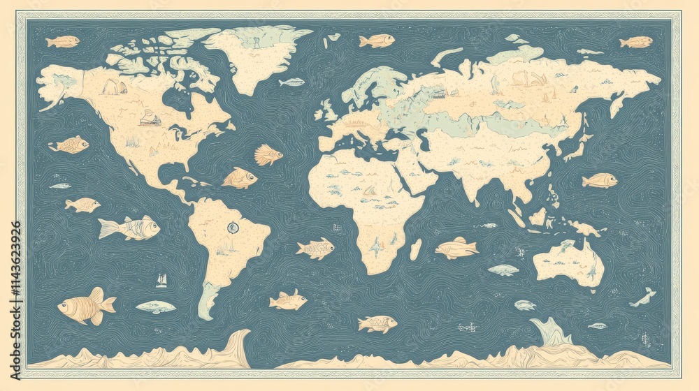 Fototapeta premium Artistic World Map Depiction With Aquatic Life Illustrations