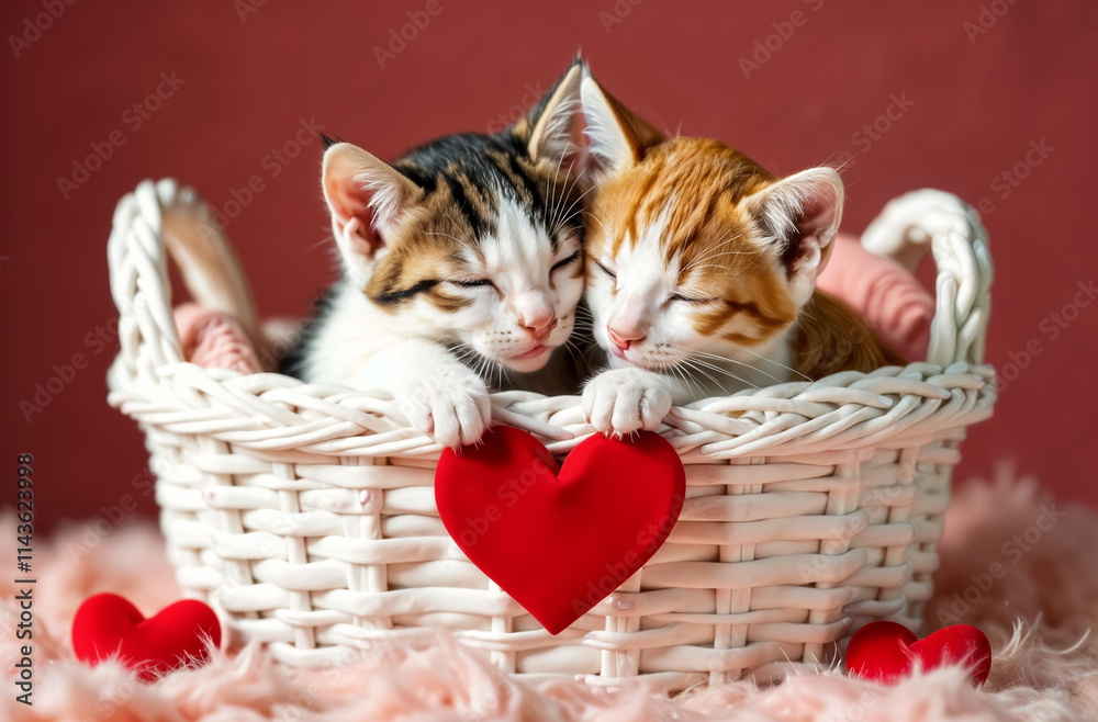 couple of happy kittens sleep together in a cozy white basket with a red hearts. Kittens loving each other. Adorable cat hugs for Valentine's Day
