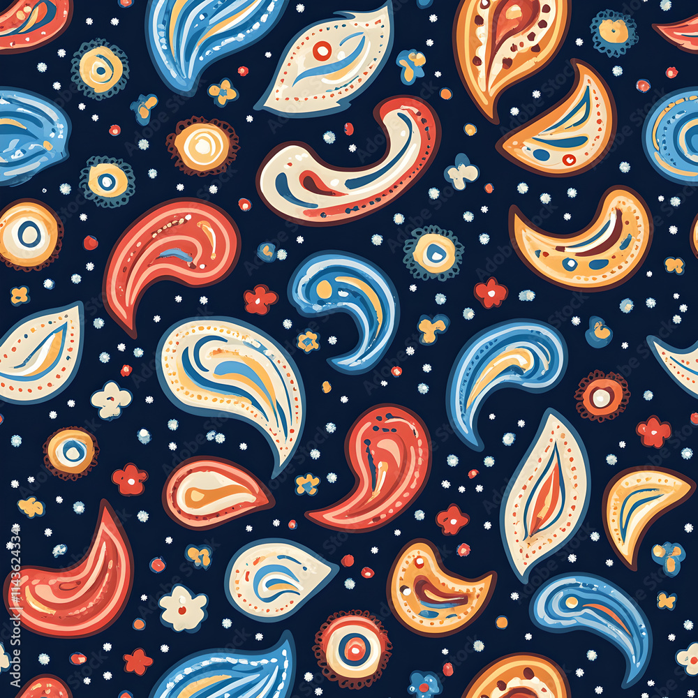 A beautiful, vibrant paisley pattern with a variety of colors including reds, blues, yellows, and oranges, set against a deep navy blue background. A beautiful, vibrant paisley pattern with a variety of colors including reds, blues, yellows, and oranges, set against a deep navy blue background.
