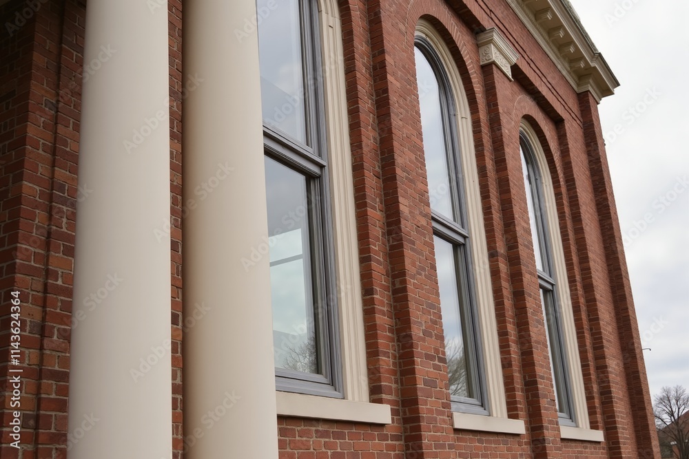 Historic brick building with arched windows and columns on a cloudy day.