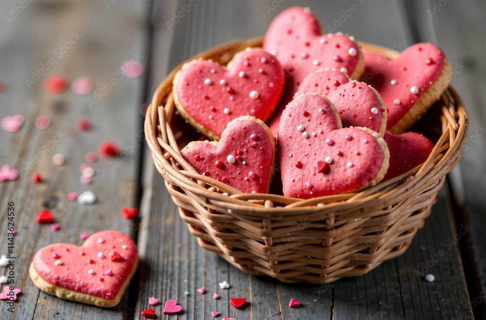 Basket with tasty heart shaped cookies on grey wooden background. Valentine's Day celebration