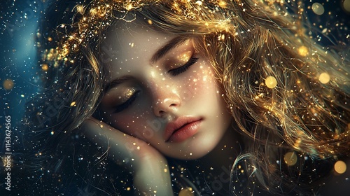 Celestial Goddess Weaving Threads of Golden Light into Starry Tapestry of Creation and Fate  This ethereal mystical image symbolizes the divine weaving of the cosmos photo