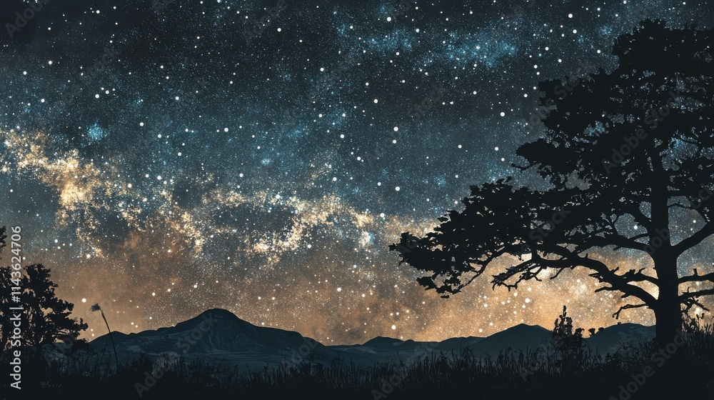 Serene view of the Milky Way galaxy over mountains illuminated by starlight in a peaceful night sky Serene view of the Milky Way galaxy over mountains illuminated by starlight in a peaceful night sky