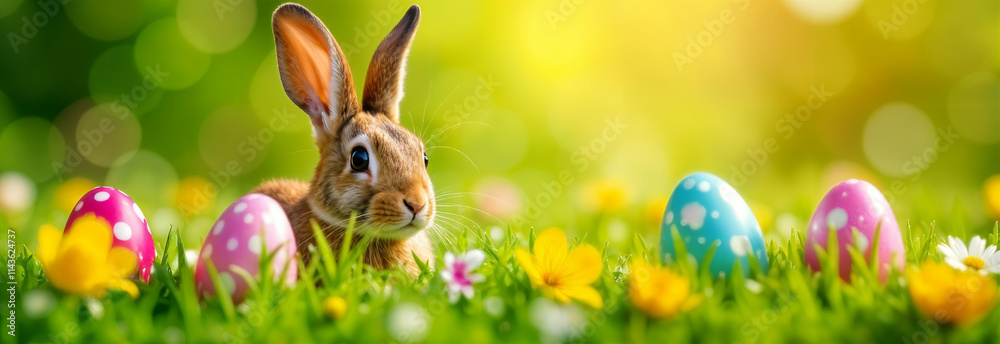 A cute rabbit nestled beside colorful Easter eggs in a vibrant meadow filled with flowers and sunshine
