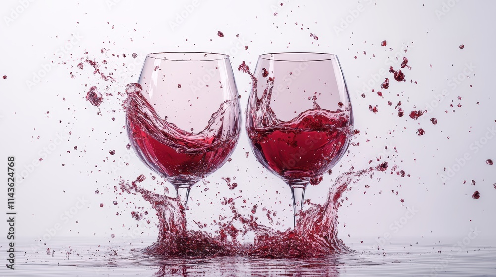Fototapeta premium a dynamic scene featuring several wine glasses in various positions, with red wine splashing dramatically from them. The glasses are partially filled, and the wine is captured mid-motion