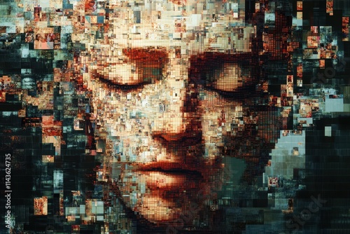 Abstract Portrait of a Woman Composed of Pixelated Blocks photo