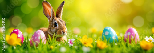 Obraz na płótnie A cute rabbit nestled beside colorful Easter eggs in a vibrant meadow filled with flowers and sunshine w salonie