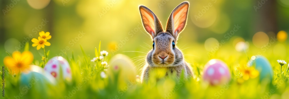 A cute rabbit nestled beside colorful Easter eggs in a vibrant meadow filled with flowers and sunshine