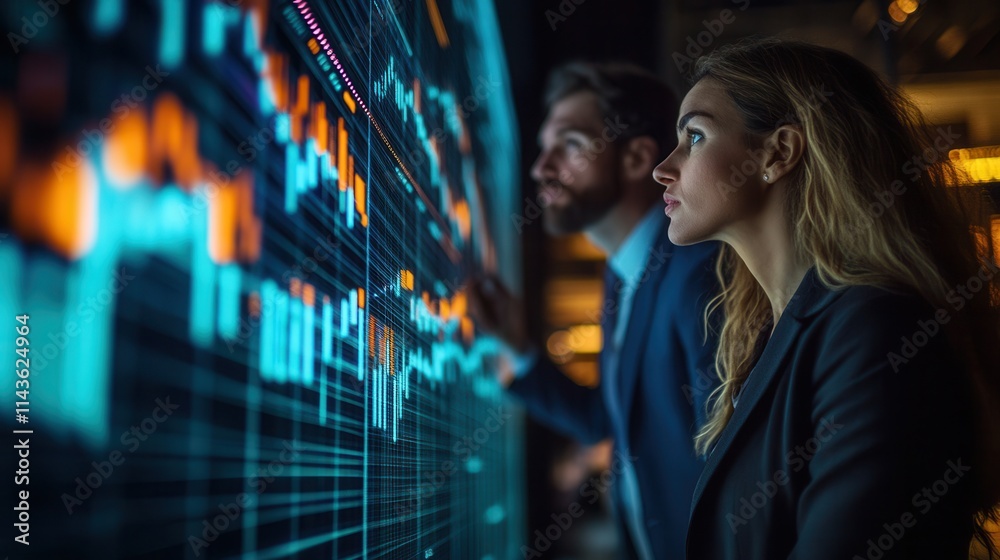 A professional duo analyzes data trends displayed on a digital screen, highlighting the intersection of technology and finance in a modern workspace. A professional duo analyzes data trends displayed on a digital screen, highlighting the intersection of technology and finance in a modern workspace.