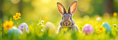 Obraz na płótnie A cute rabbit nestled beside colorful Easter eggs in a vibrant meadow filled with flowers and sunshine w salonie