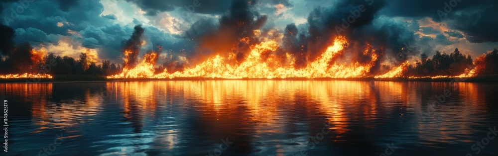 Flame-filled sky reflected on calm water at sunset across a serene landscape near a forest Flame-filled sky reflected on calm water at sunset across a serene landscape near a forest